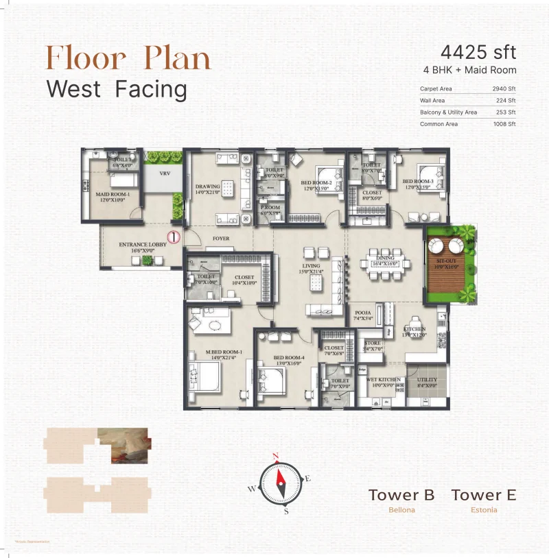 4 BHK plus maid room 4,425 sq ft floor plan (Towers Bellona and Estonia) at Rajapushpa Infina, Manchirevula, Hyderabad 4 BHK plus maid room 4,425 sq ft floor plan (Towers Bellona and Estonia) at Rajapushpa Infina, Manchirevula, Hyderabad
